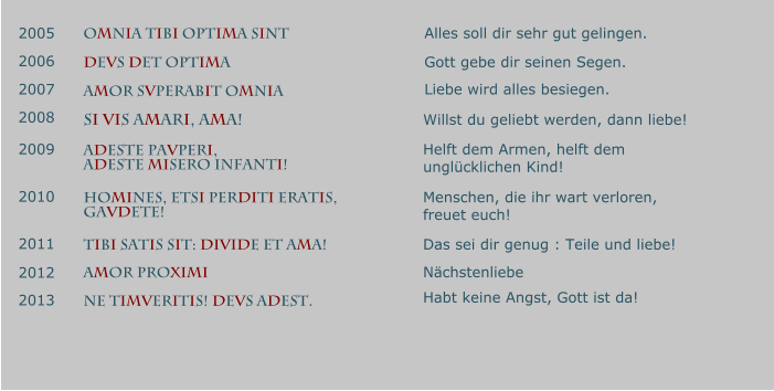 oMnIa tIbI optIMa sInt Alles soll dir sehr gut gelingen. 2005 2006 2007 2008 2009 2010 2011 2012 2013 DeVs Det optIMa Gott gebe dir seinen Segen. AMOR SVPERABIT OMNIA Liebe wird alles besiegen. SI VIS AMARI, AMA! Willst du geliebt werden, dann liebe! ADESTE PAVPERI, ADESTE MISERO INFANTI! Helft dem Armen, helft dem unglücklichen Kind! HOMINES, ETSI PERDITI ERATIS, GAVDETE! TIBI SATIS SIT: DIVIDE ET AMA! AMOR PROXIMI NE TIMVERITIS! DEVS ADEST.  Das sei dir genug : Teile und liebe! Menschen, die ihr wart verloren, freuet euch! Nächstenliebe Habt keine Angst, Gott ist da!